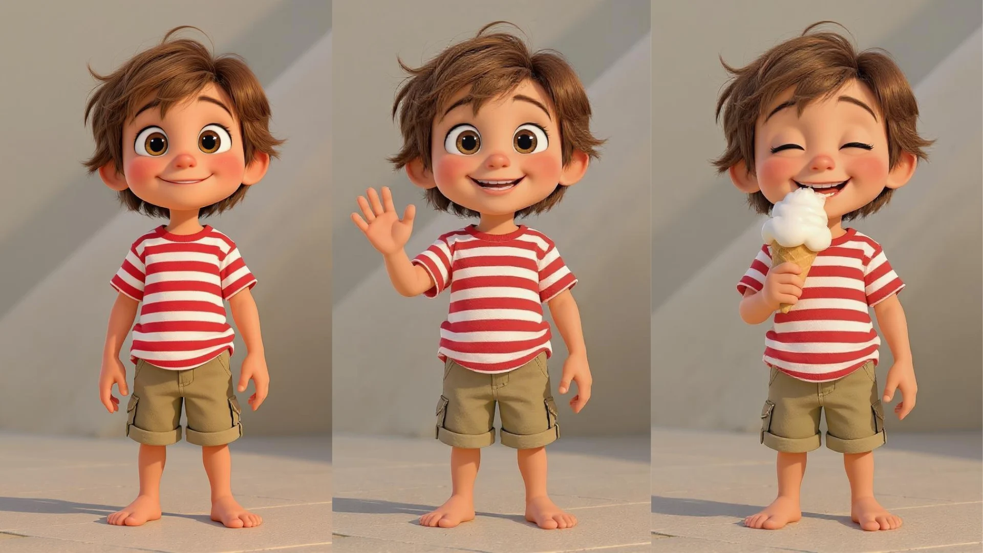 The same cartoon character generated in several poses with an identical face, hair, and outfit